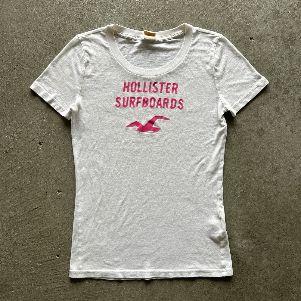 Vintage Hollister Surfboards Shirt Womens Medium White Pink Y2K Big Logo Seagle